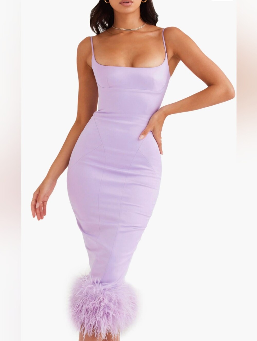 House of CB Helena Feather Trim Satin Midi Dress - Size S - Picture 3 of 11